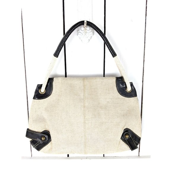 Vintage ivory black twill cotton shoulder rope bag - Picture 5 of 6